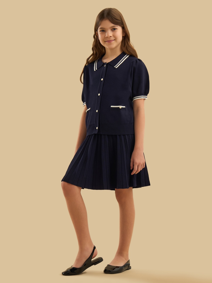 Tipping Detail Soft Touch Cardigan with Pleated Skirt