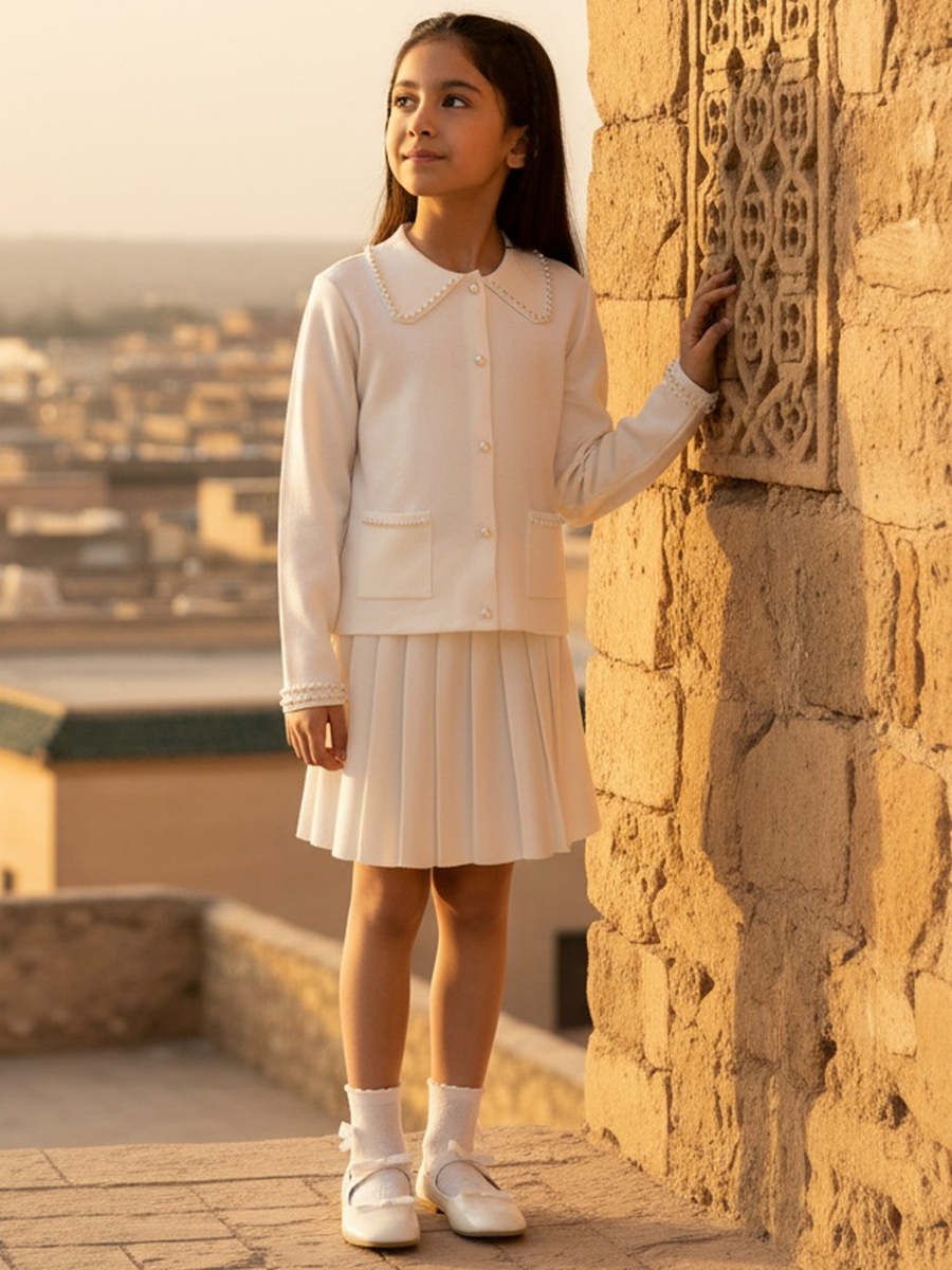 Pearl Detail Cardigan and Pleated Skirt Set