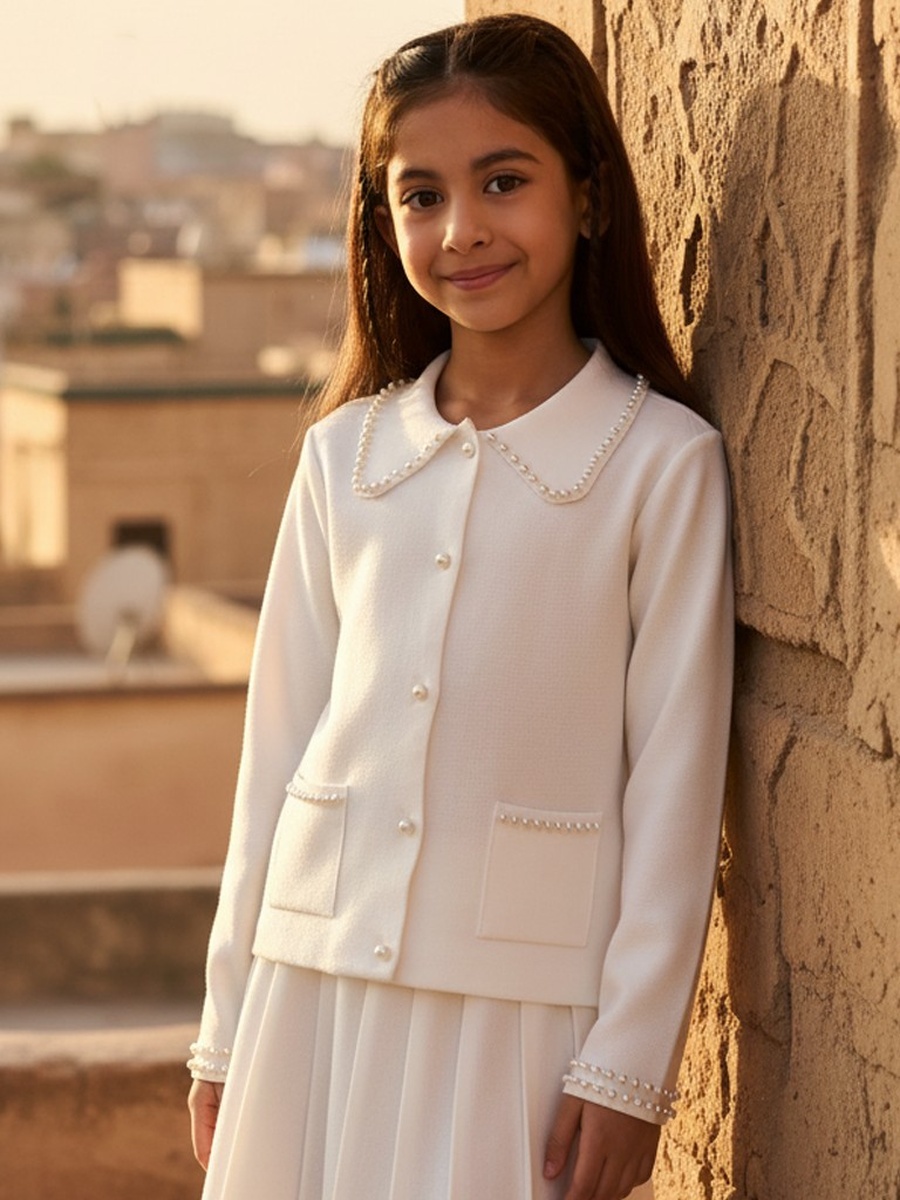 Pearl Detail Cardigan and Pleated Skirt Set