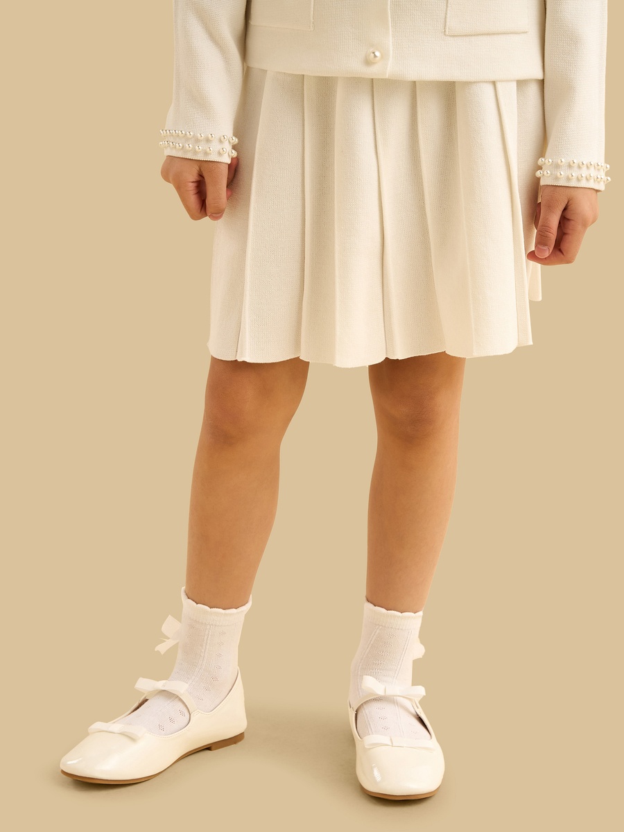 Pearl Detail Cardigan and Pleated Skirt Set