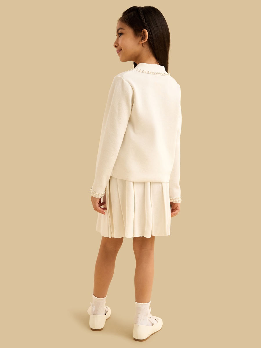 Pearl Detail Cardigan and Pleated Skirt Set