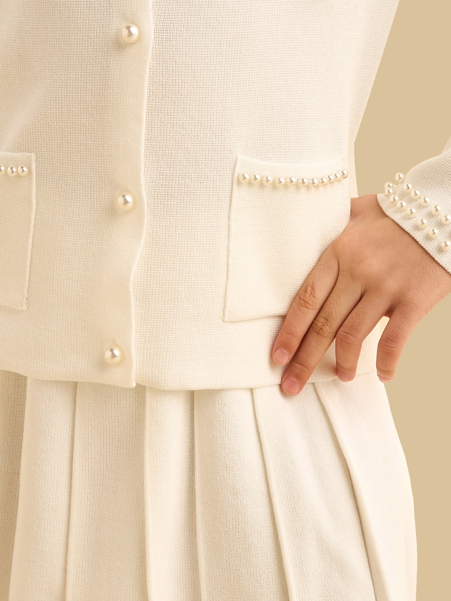 Pearl Detail Cardigan and Pleated Skirt Set