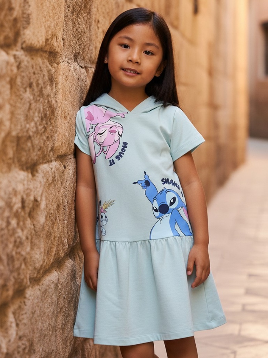 Angel and Stitch Print Hooded Drop Waist Dress