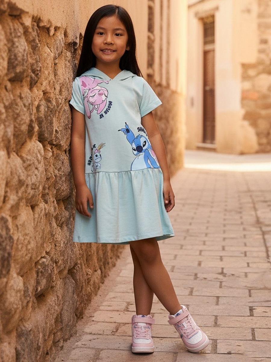 Angel and Stitch Print Hooded Drop Waist Dress
