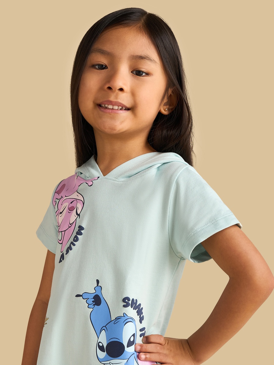 Angel and Stitch Print Hooded Drop Waist Dress