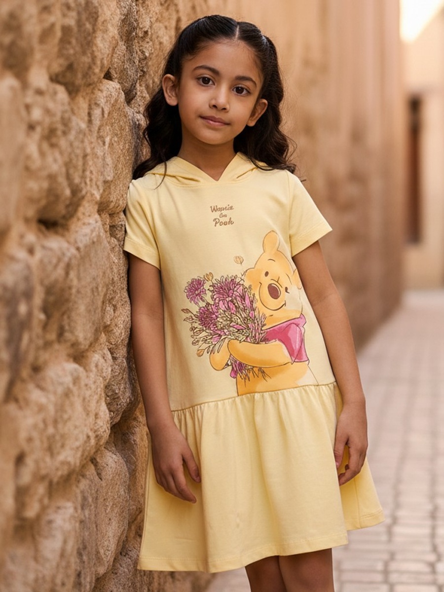 Winnie the Pooh Print Drop Waist Cotton Dress
