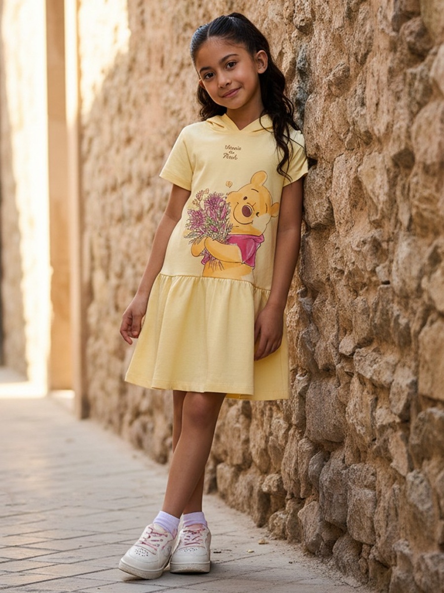 Winnie the Pooh Print Drop Waist Cotton Dress