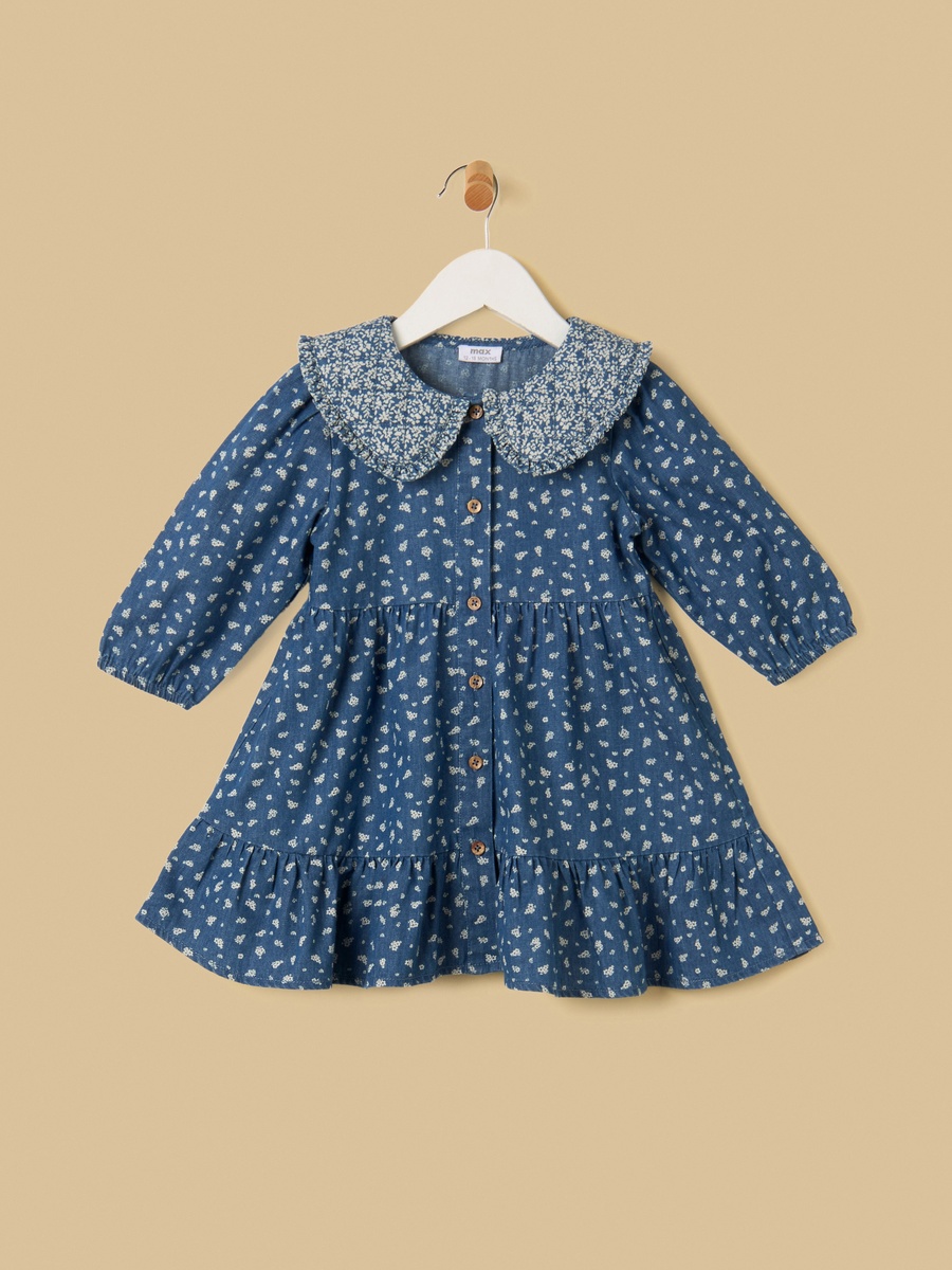 Printed Tiered Denim Dress with Quilted Collar
