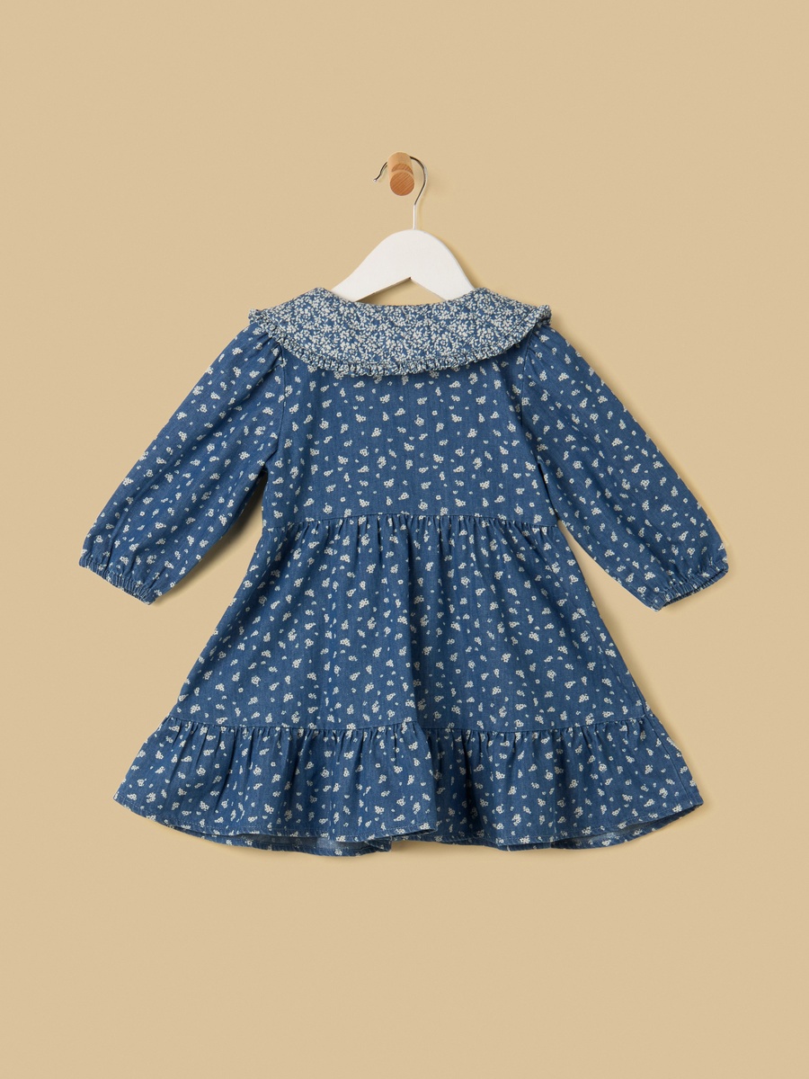Printed Tiered Denim Dress with Quilted Collar