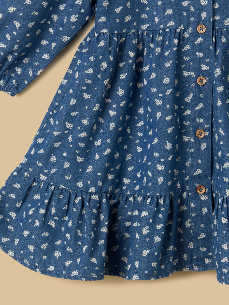 Printed Tiered Denim Dress with Quilted Collar