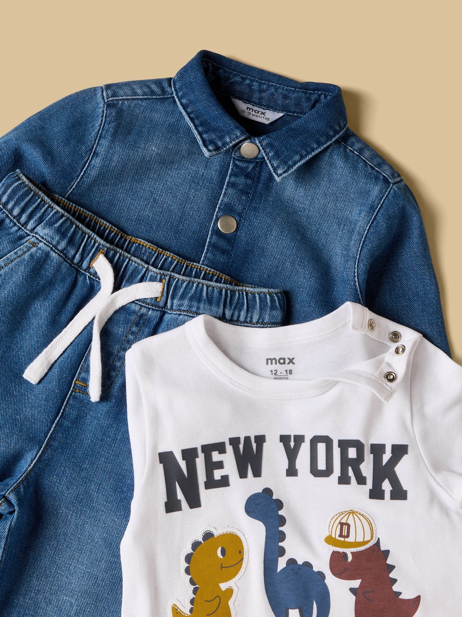 Dinosaur Print Bodysuit with Jeans and Denim Jacket