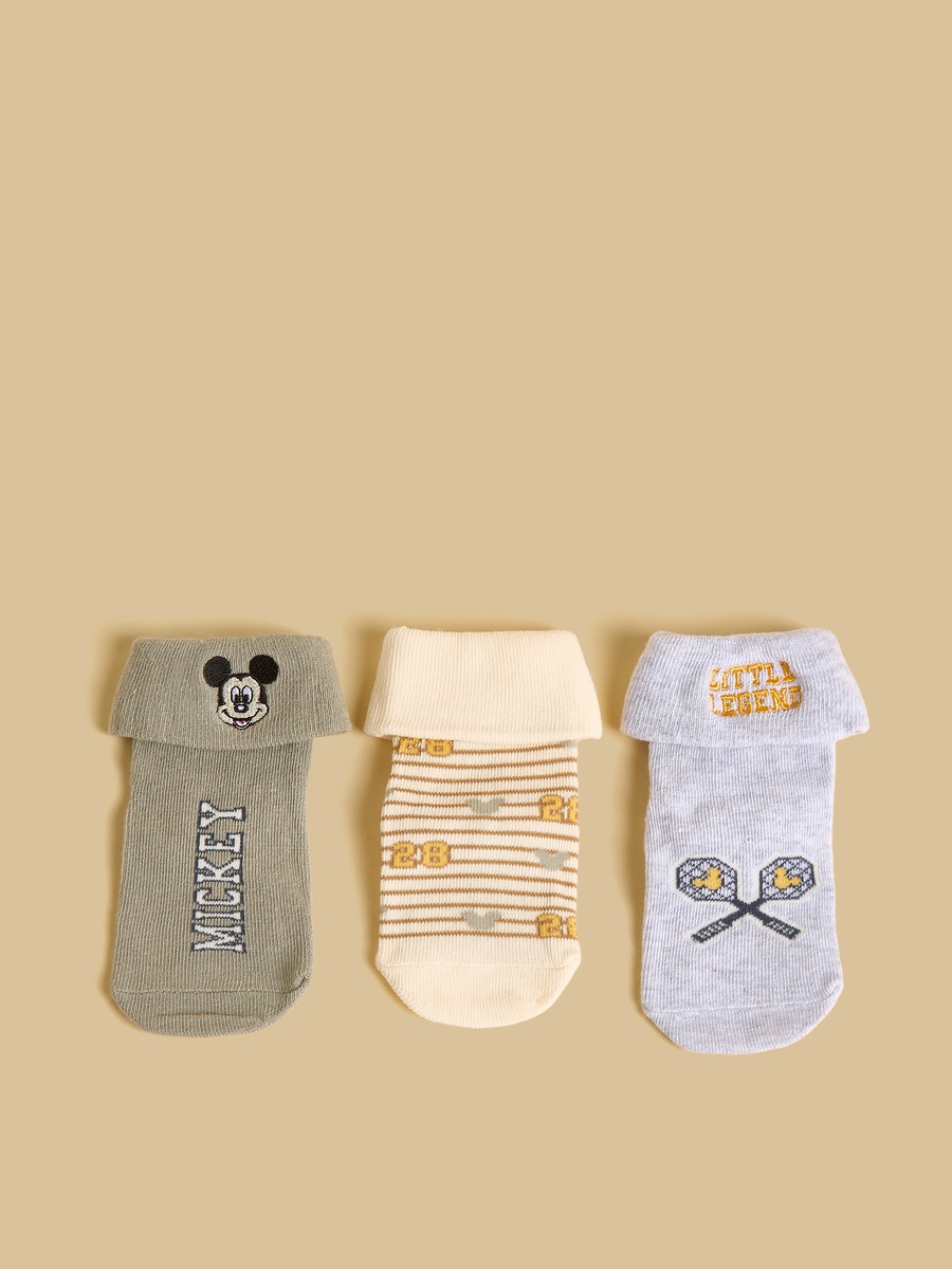 Pack of 3 - Mickey Mouse Embroidered Anti-Skid Ankle Length Socks