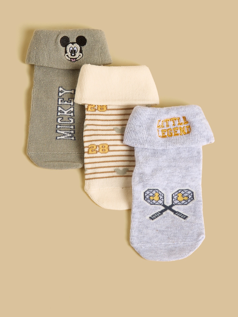Pack of 3 - Mickey Mouse Embroidered Anti-Skid Ankle Length Socks