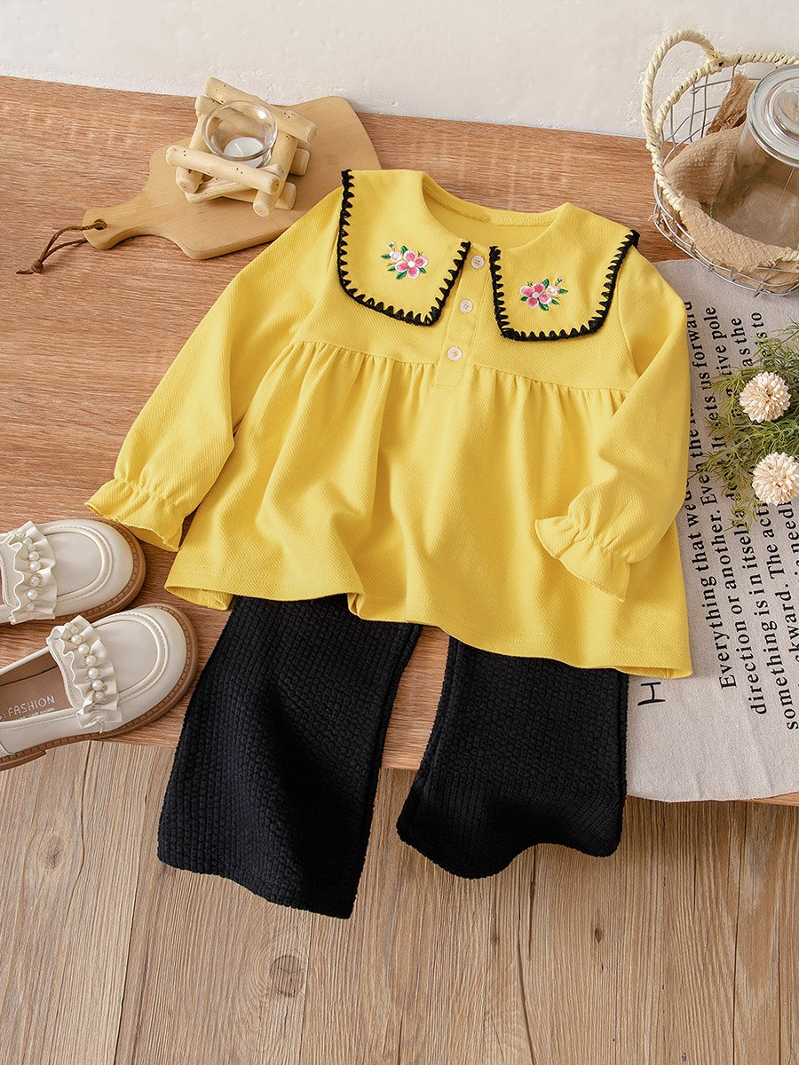 Girls Yellow Embroidered Top and Knit Pants Set