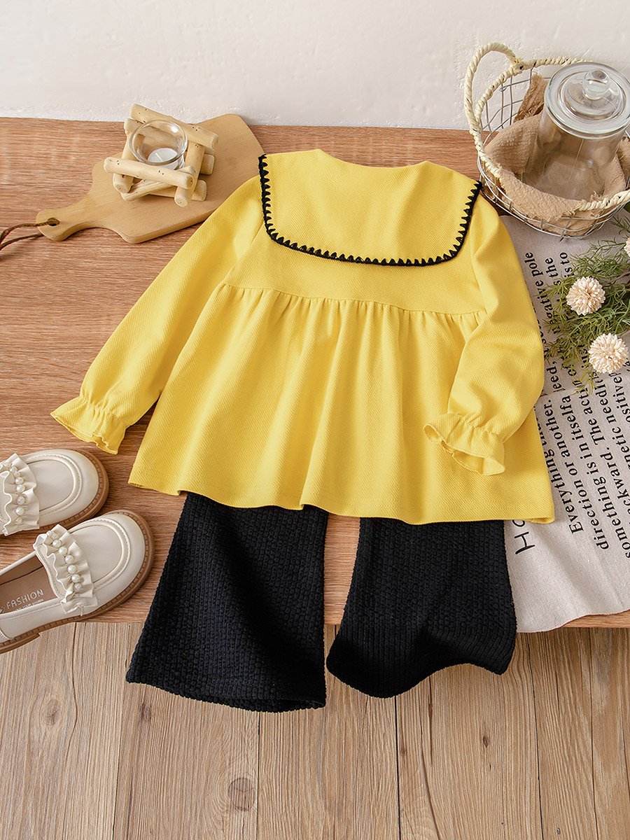Girls Yellow Embroidered Top and Knit Pants Set