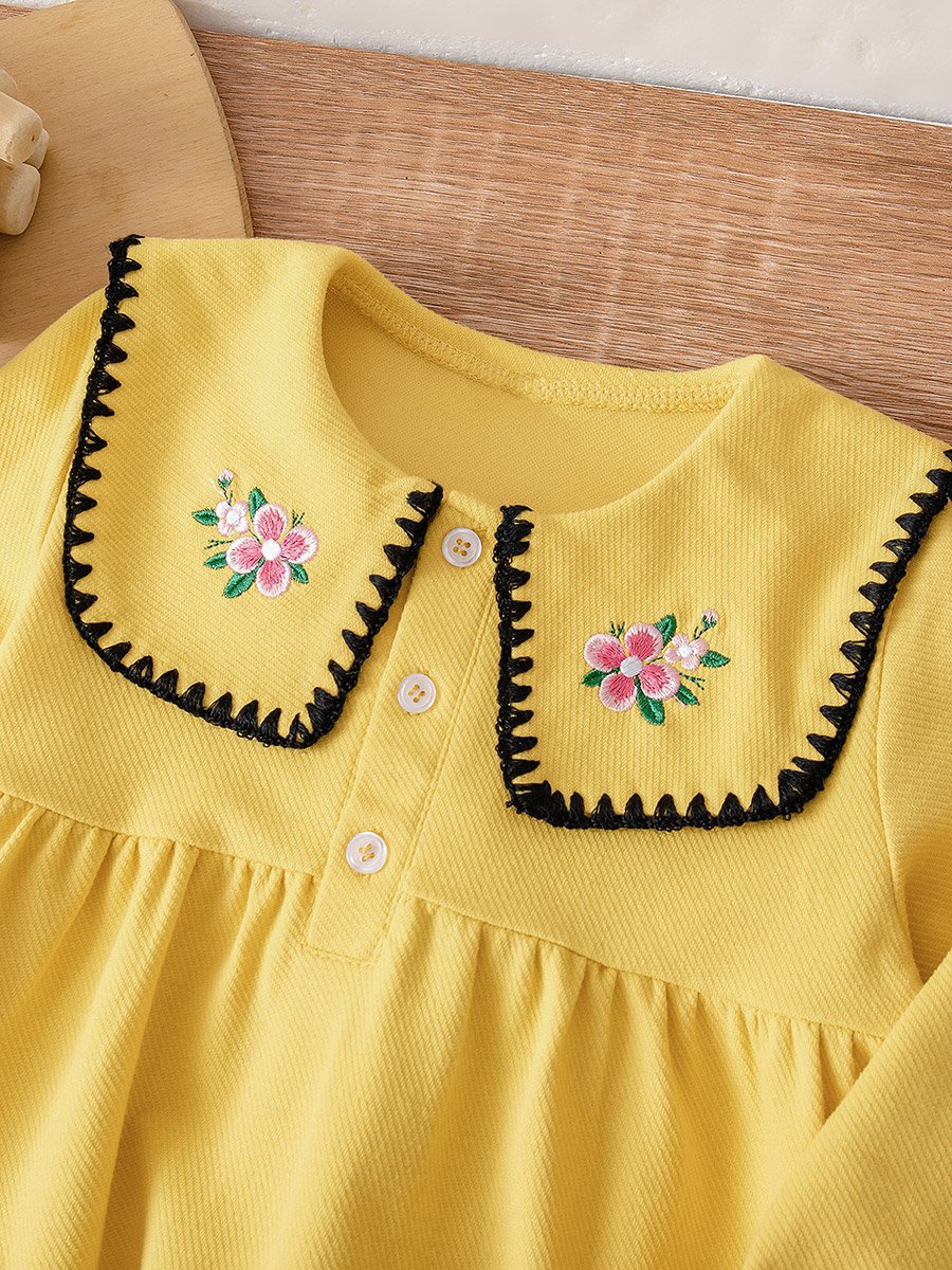 Girls Yellow Embroidered Top and Knit Pants Set