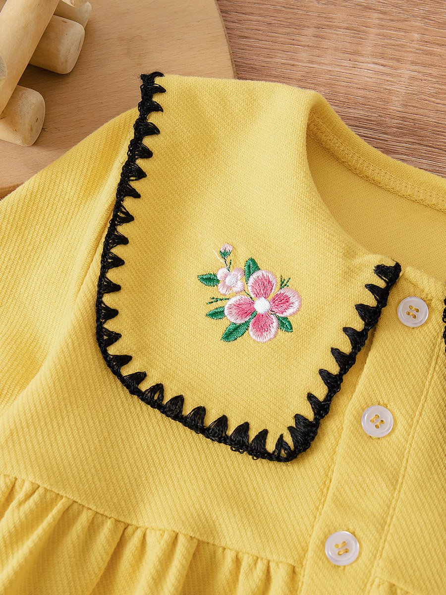 Girls Yellow Embroidered Top and Knit Pants Set