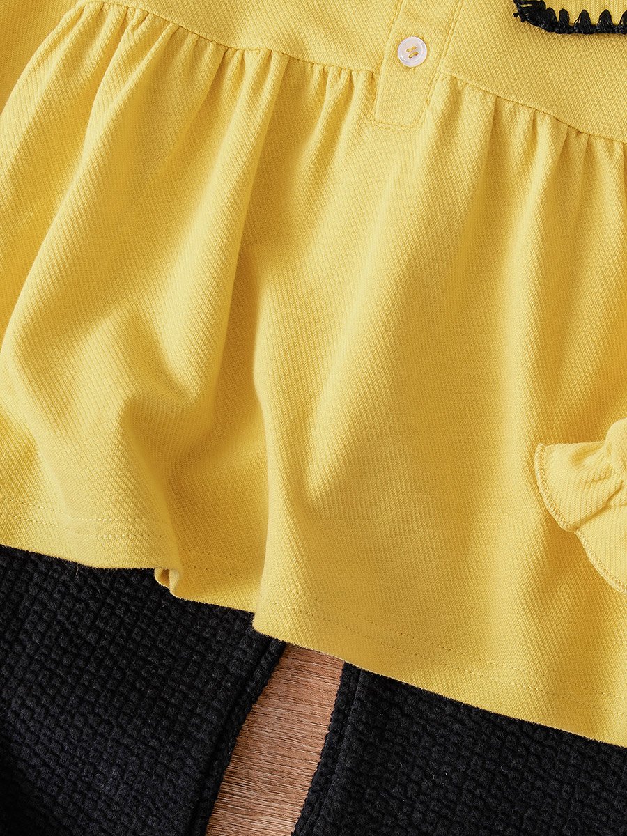 Girls Yellow Embroidered Top and Knit Pants Set