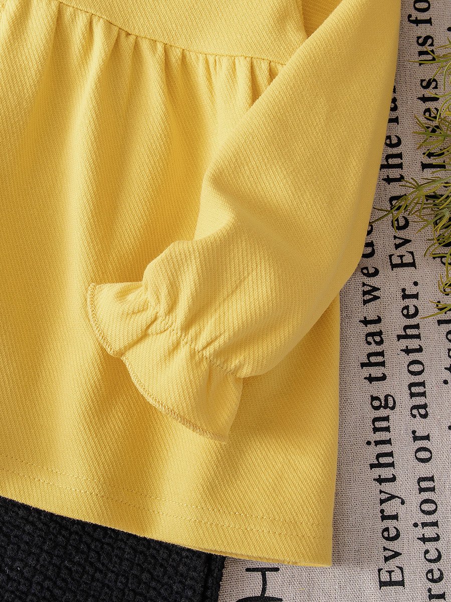 Girls Yellow Embroidered Top and Knit Pants Set