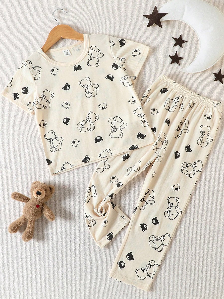 Girls Beige Teddy Bear Print T-Shirt and Pyjama Set