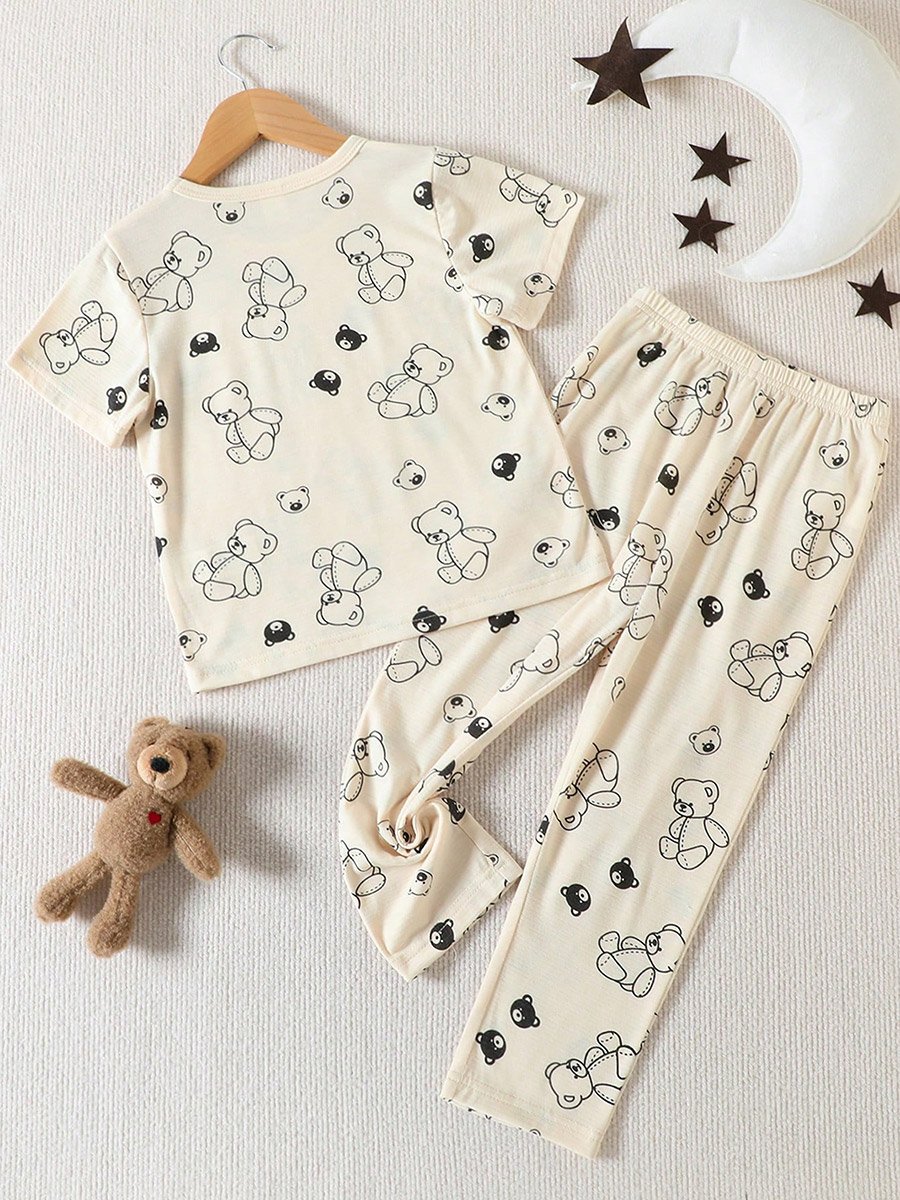 Girls Beige Teddy Bear Print T-Shirt and Pyjama Set