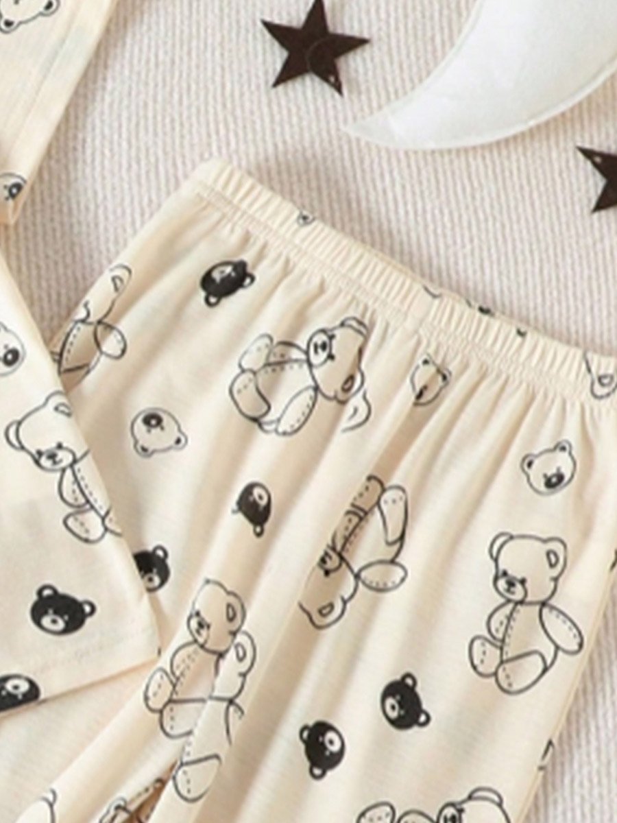 Girls Beige Teddy Bear Print T-Shirt and Pyjama Set
