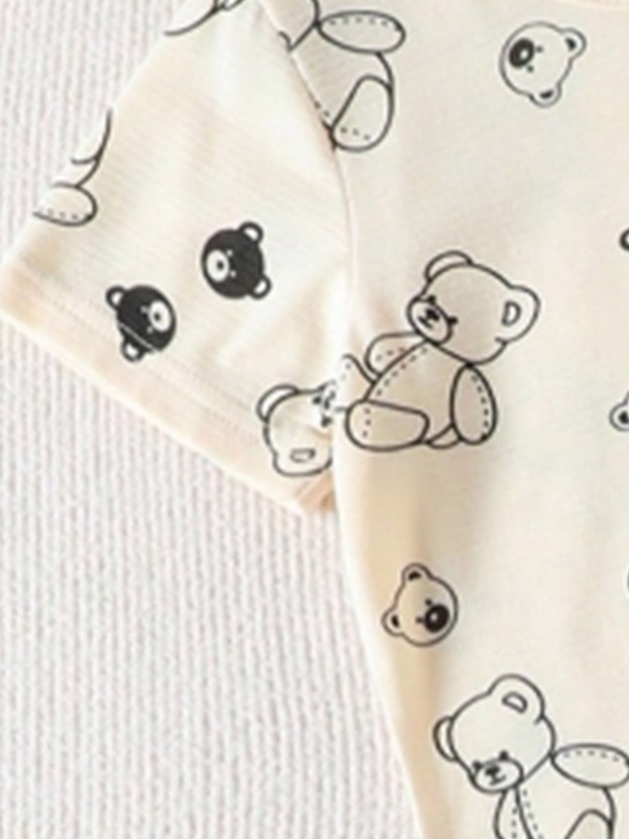 Girls Beige Teddy Bear Print T-Shirt and Pyjama Set