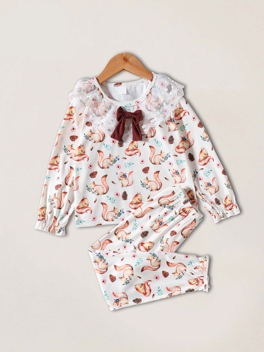 Girls Lace Trim Graphic Print Top and Pyjama Set