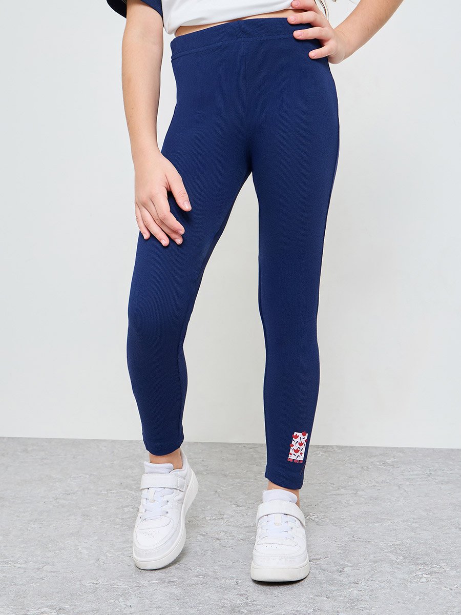 Teen Girls Navy Blue Graphic Print Ribbed Cotton Leggings