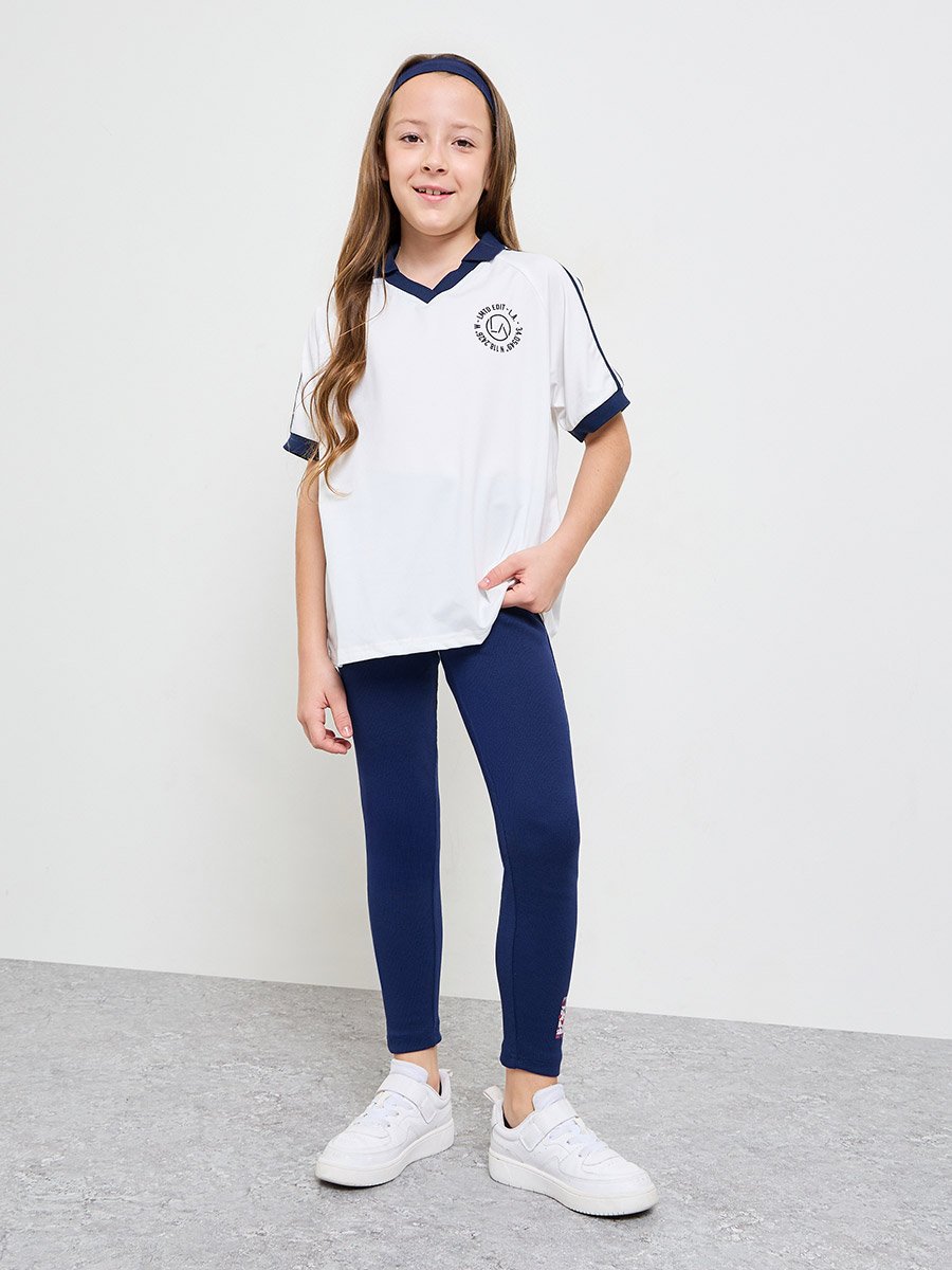 Teen Girls Navy Blue Graphic Print Ribbed Cotton Leggings