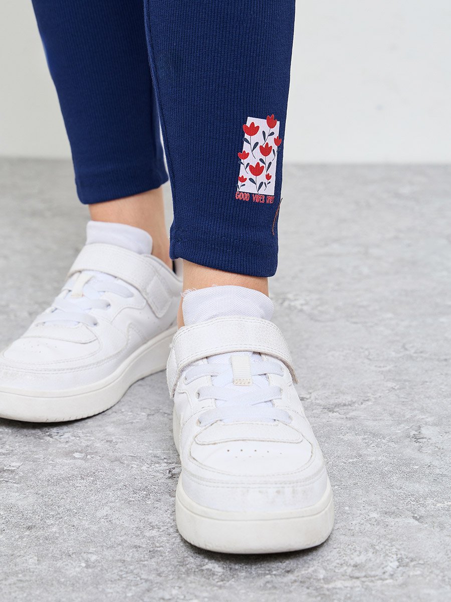 Teen Girls Navy Blue Graphic Print Ribbed Cotton Leggings