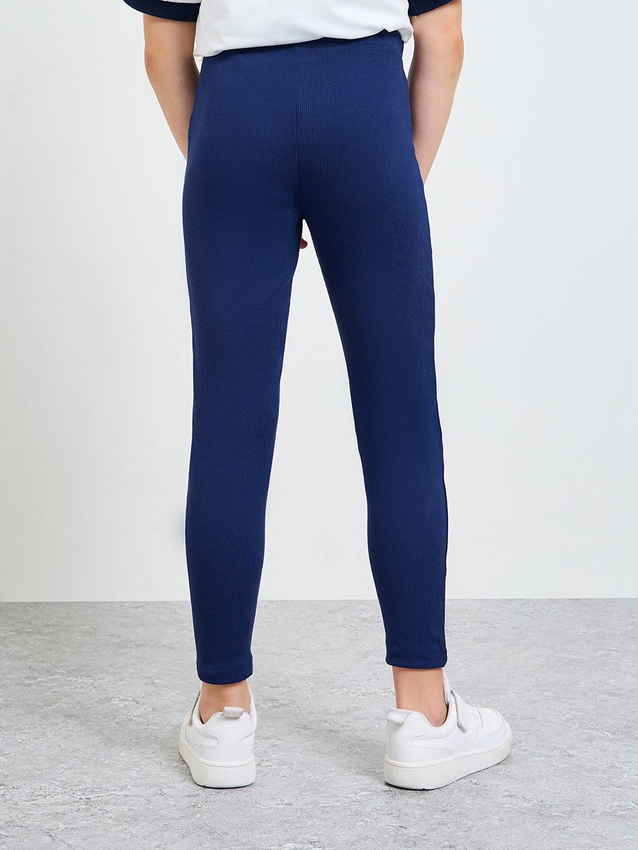 Teen Girls Navy Blue Graphic Print Ribbed Cotton Leggings
