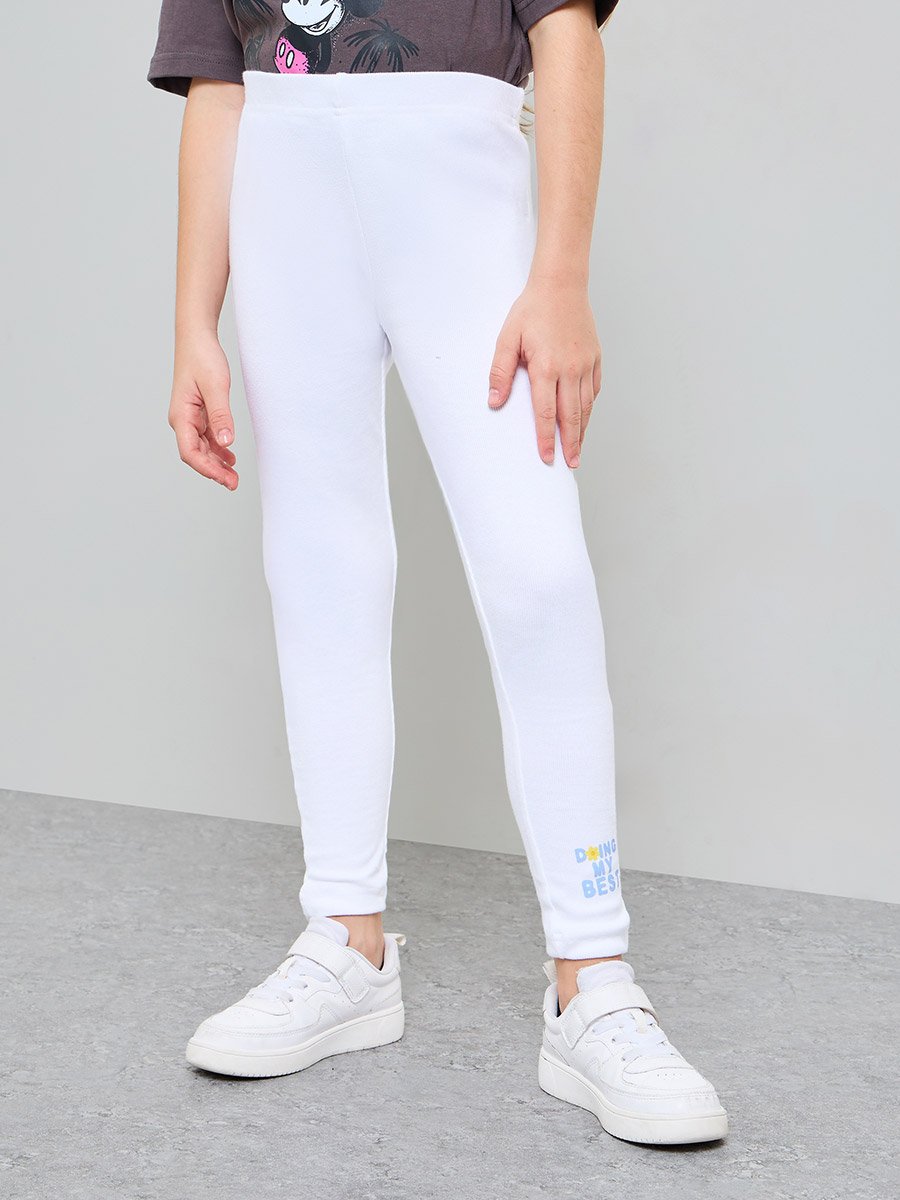 Teen Girls White Graphic Print Ribbed Cotton Full-Length Leggings