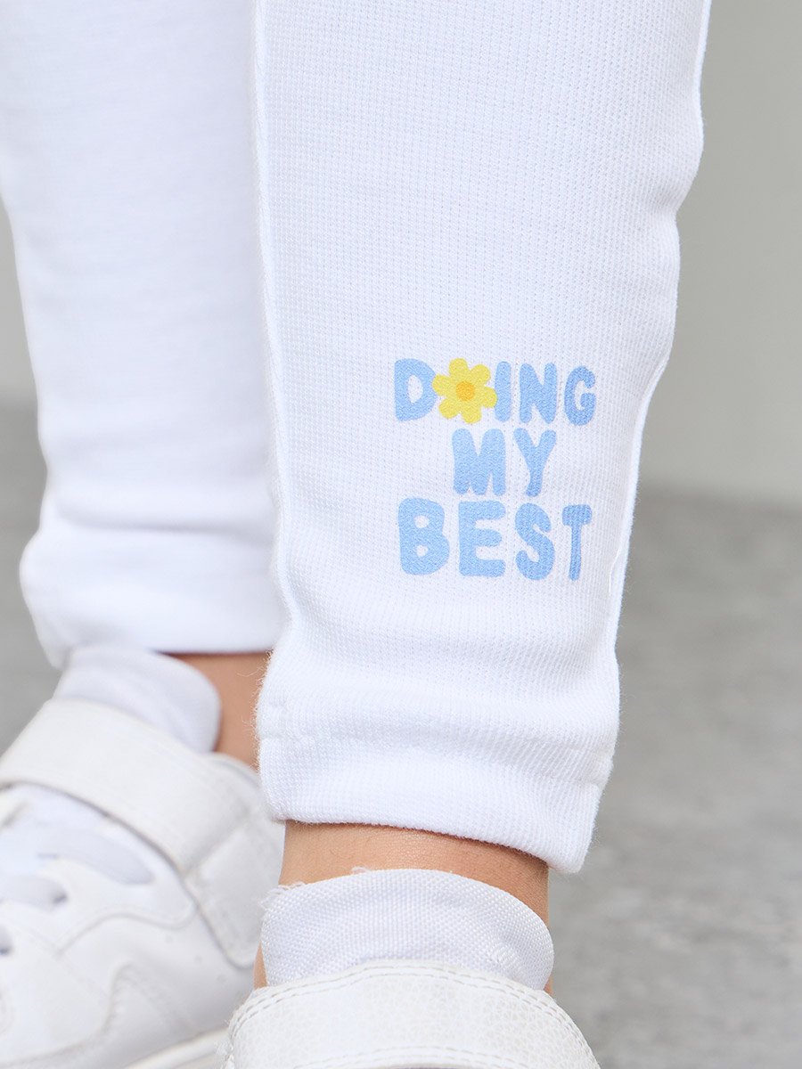 Teen Girls White Graphic Print Ribbed Cotton Full-Length Leggings