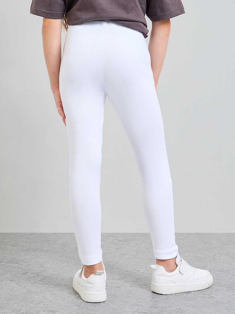 Teen Girls White Graphic Print Ribbed Cotton Full-Length Leggings