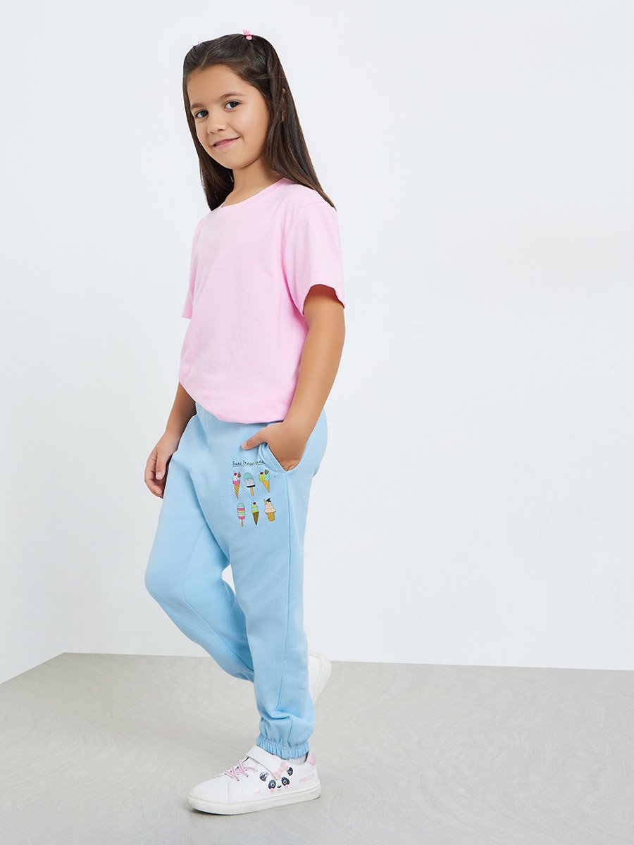 Girls Light Blue Cotton Joggers with Ice Cream Print