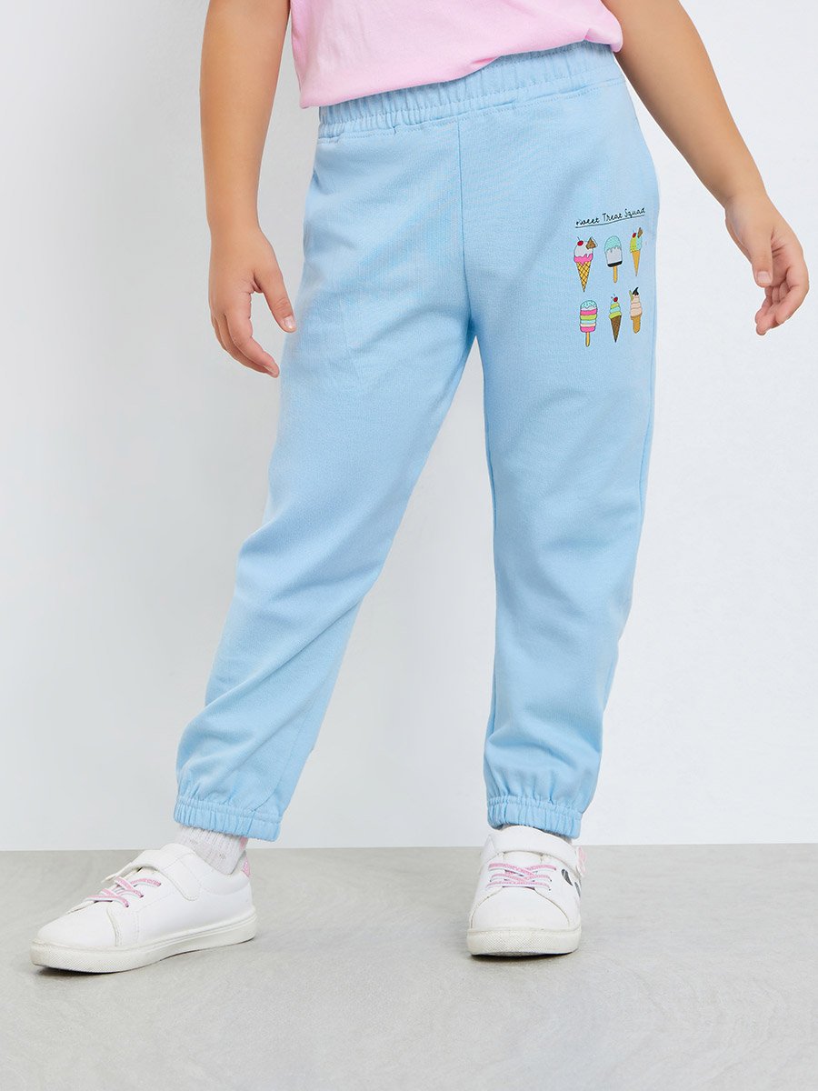 Girls Light Blue Cotton Joggers with Ice Cream Print