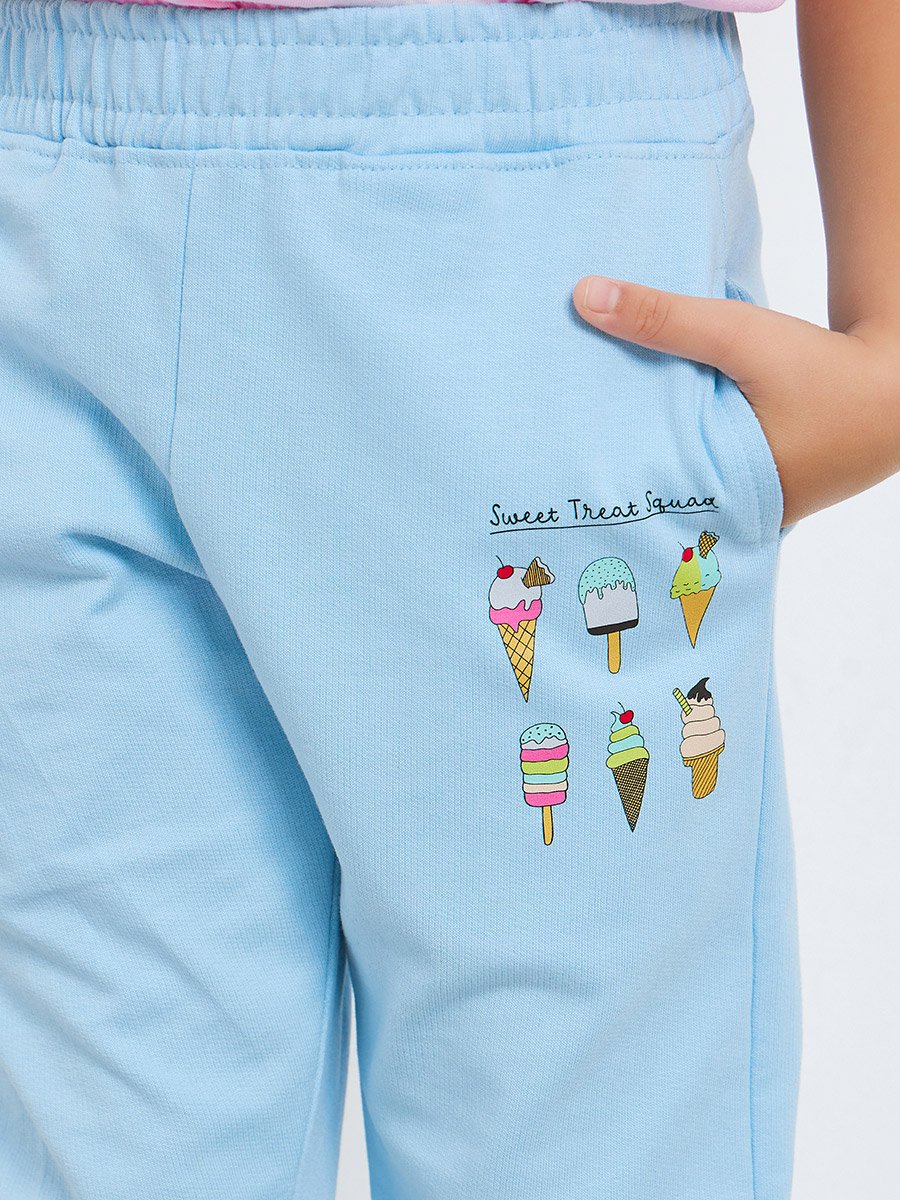 Girls Light Blue Cotton Joggers with Ice Cream Print