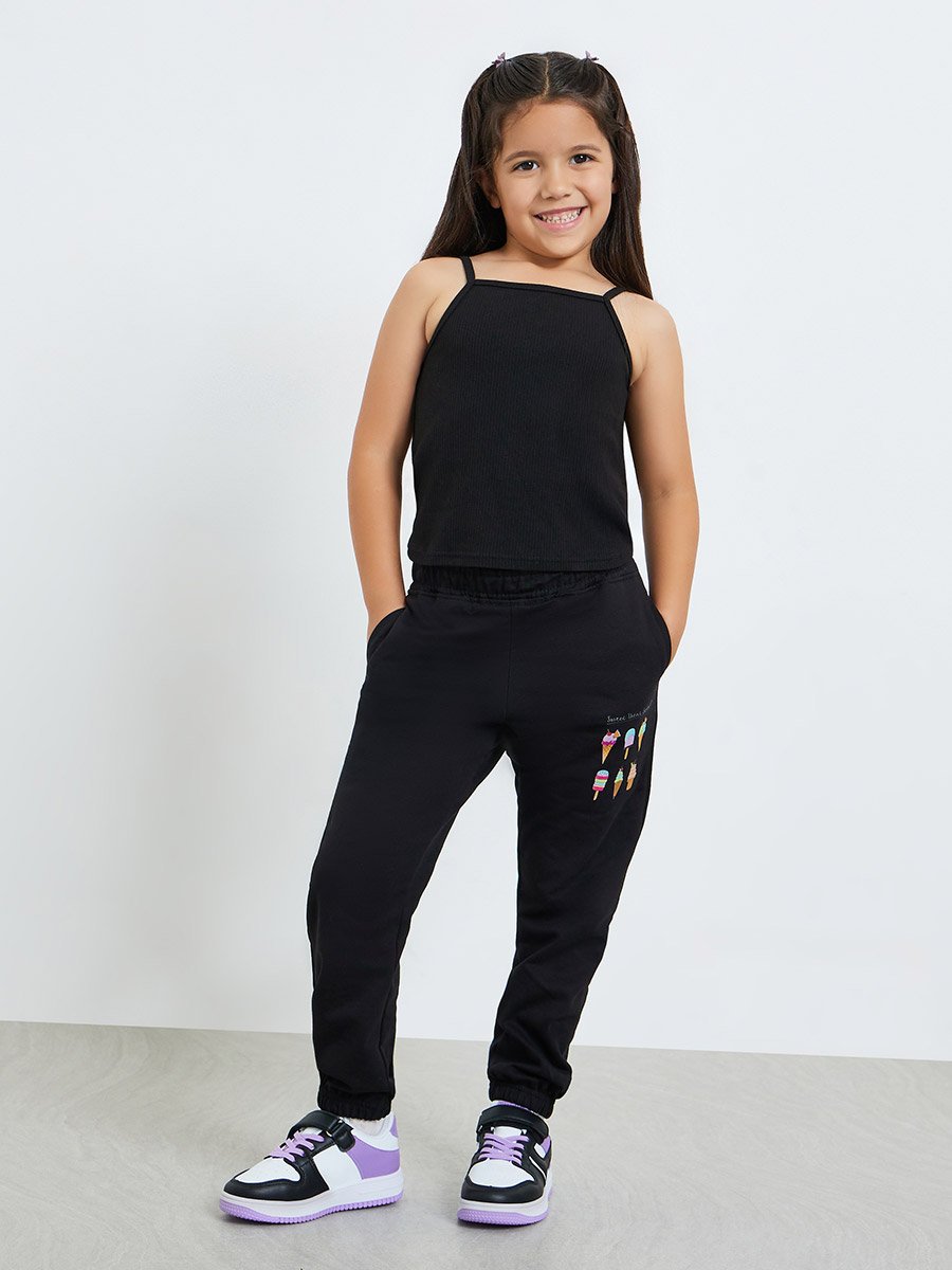Girls Cotton Joggers with Graphic Print