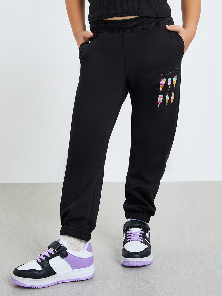Girls Cotton Joggers with Graphic Print