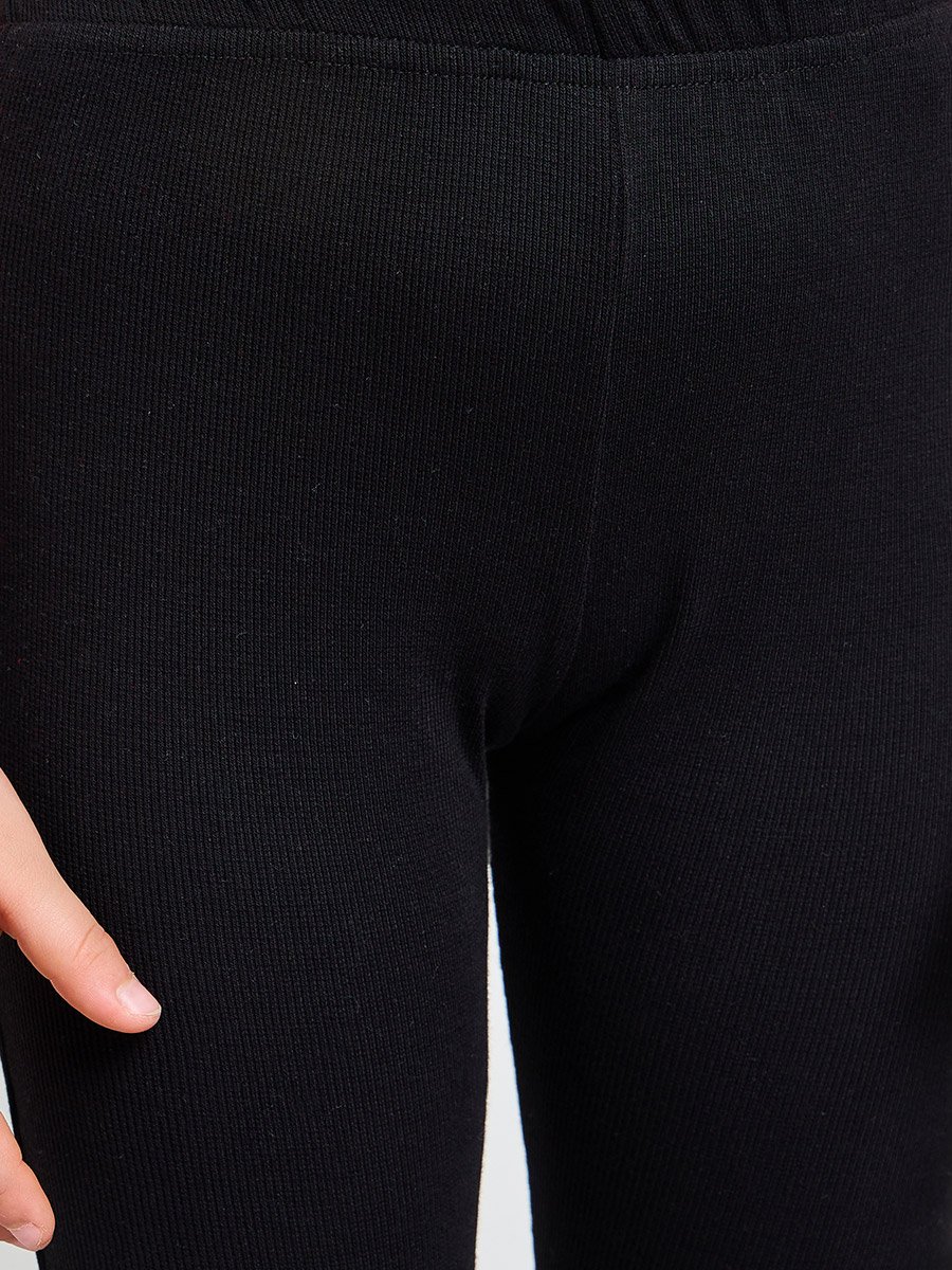 Girls Black Lettuce Hem Ribbed Leggings