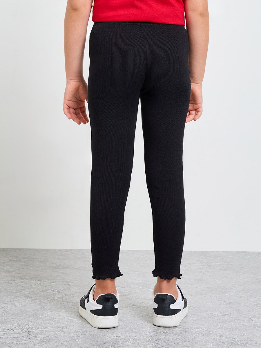 Girls Black Lettuce Hem Ribbed Leggings
