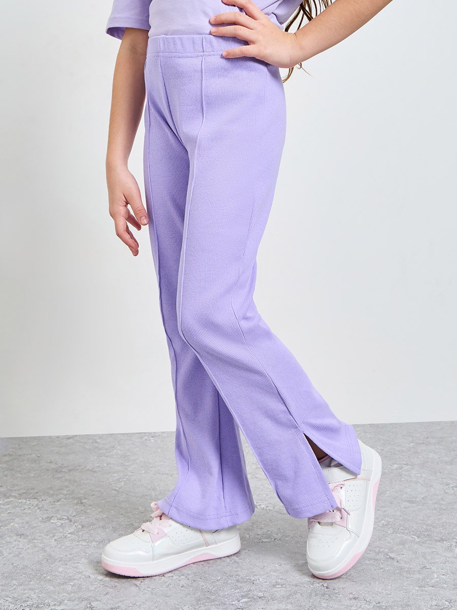 Teen Girls Lilac Solid Side Slit Knitted Fit and Flare Leggings
