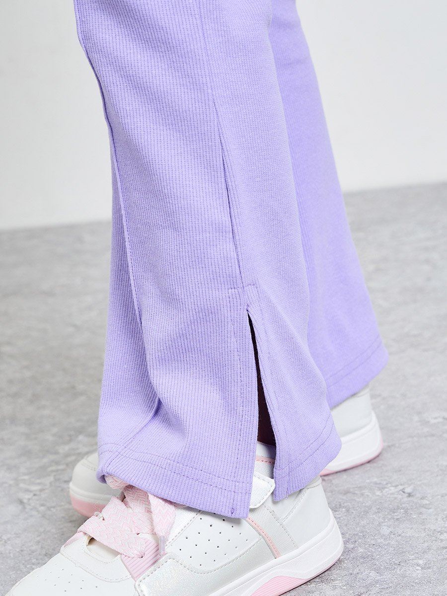 Teen Girls Lilac Solid Side Slit Knitted Fit and Flare Leggings