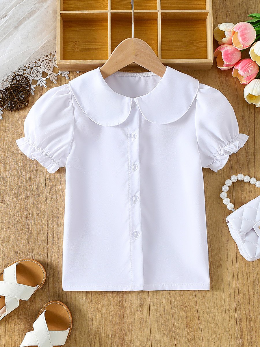 Girls White Peter Pan Collar Puff Sleeve Shirt