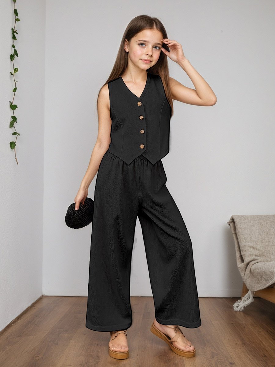 Girls Black Buttoned Waistcoat and Trousers Set