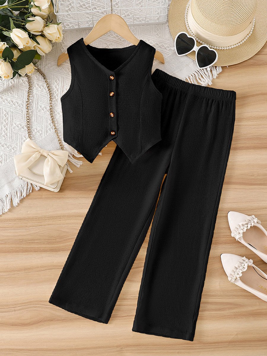 Girls Black Buttoned Waistcoat and Trousers Set