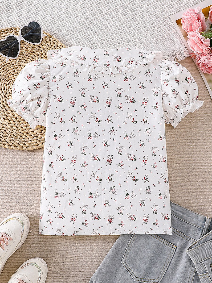 Girls Floral Peter Pan Collar Puff Sleeve Shirt