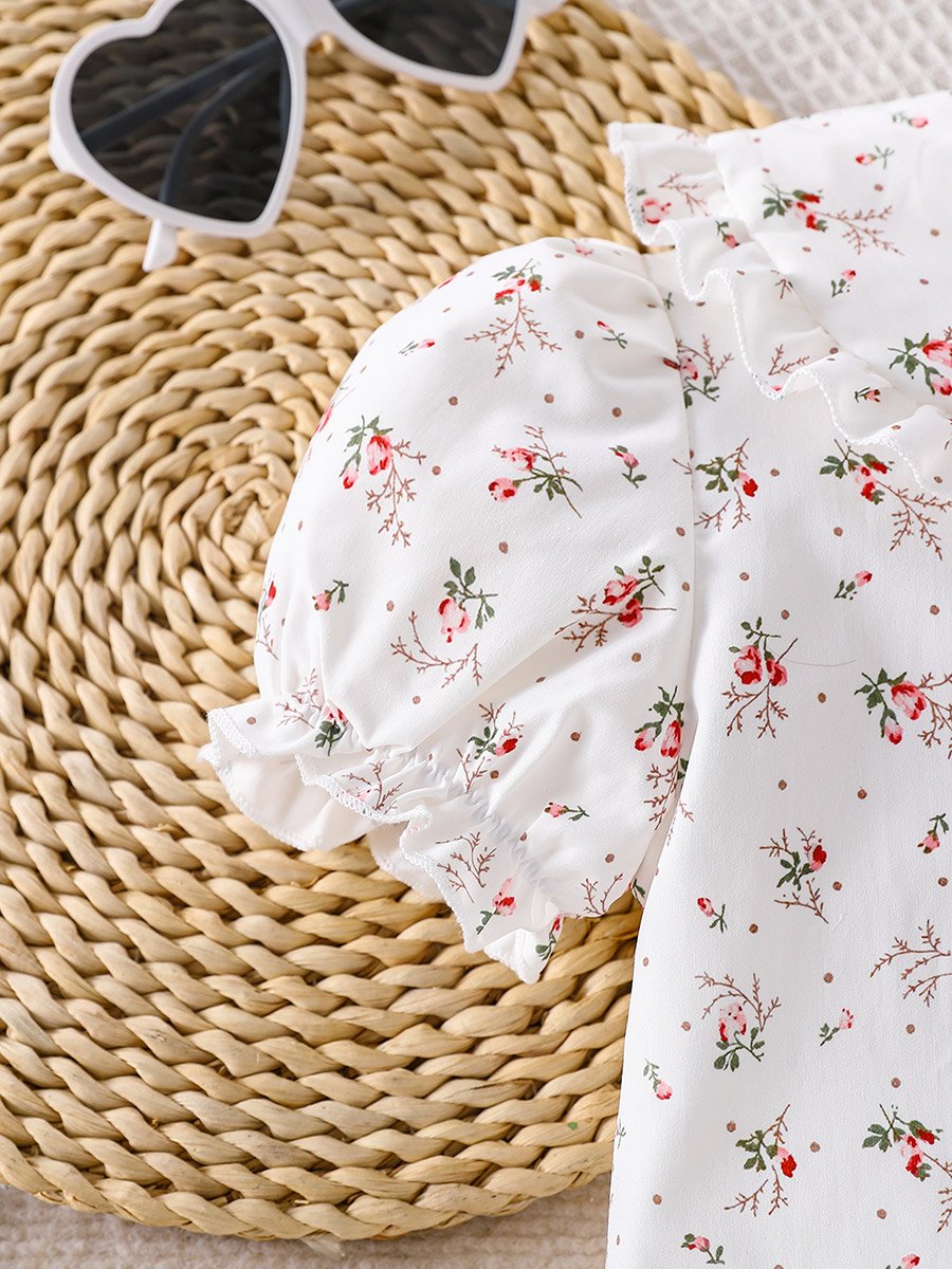 Girls Floral Peter Pan Collar Puff Sleeve Shirt