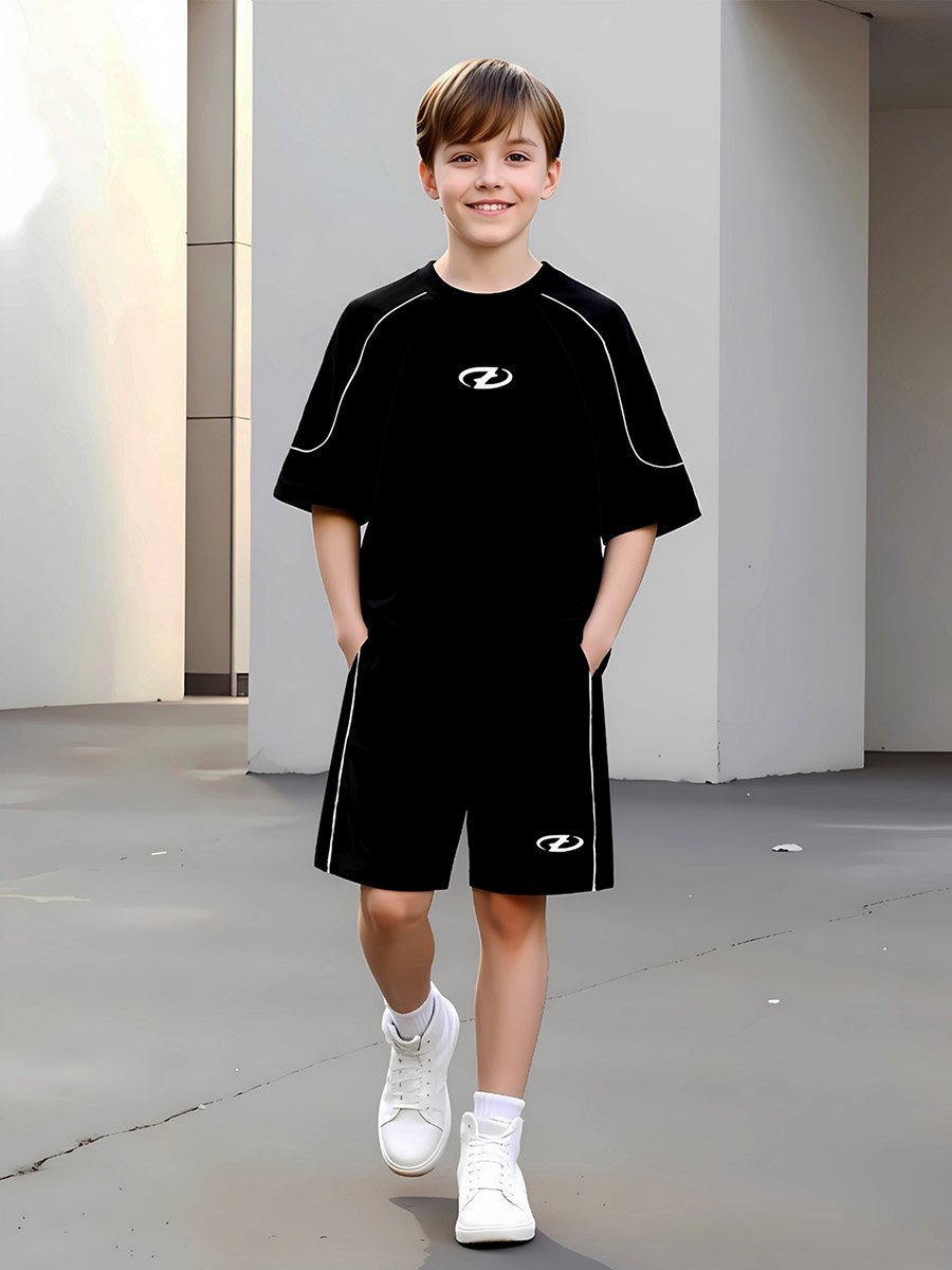 Boys Black Graphic Print T-Shirt and Shorts Set